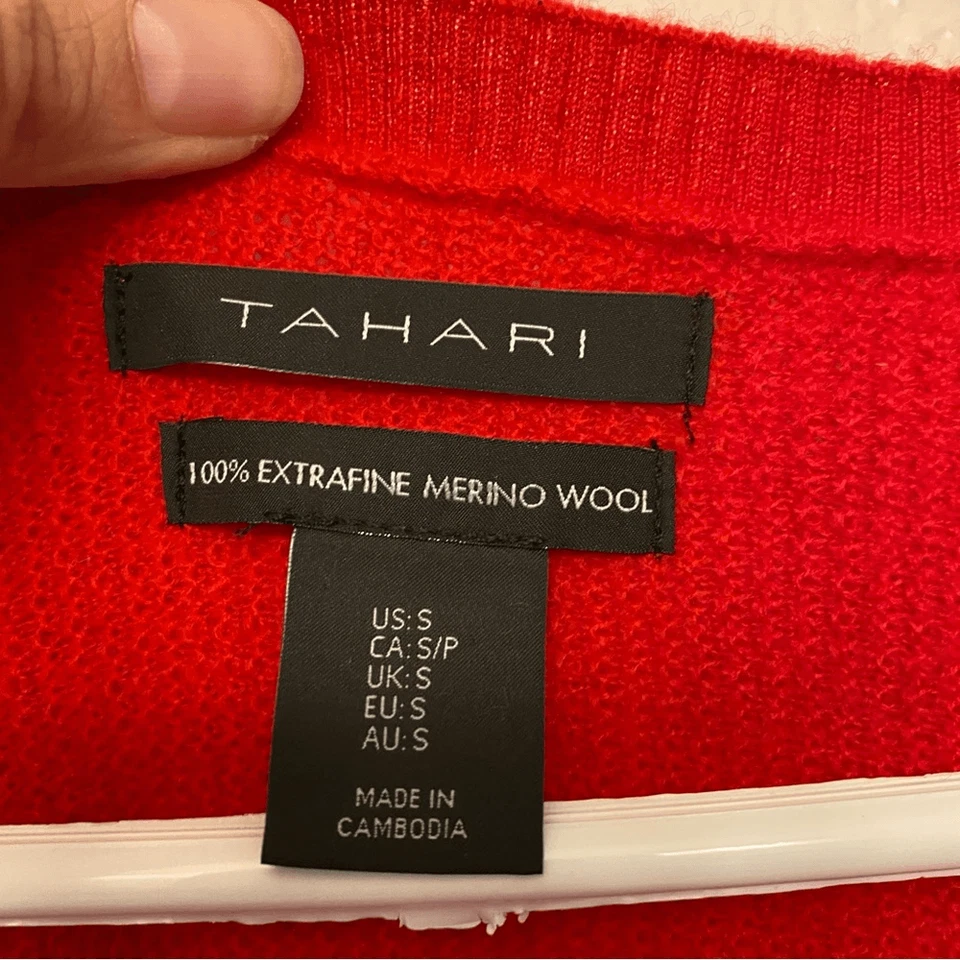 Suéter feminino Tahari 100% extra fino lã merino vermelho gola V tamanho grande -Pequeno - Imagem 3 de 4