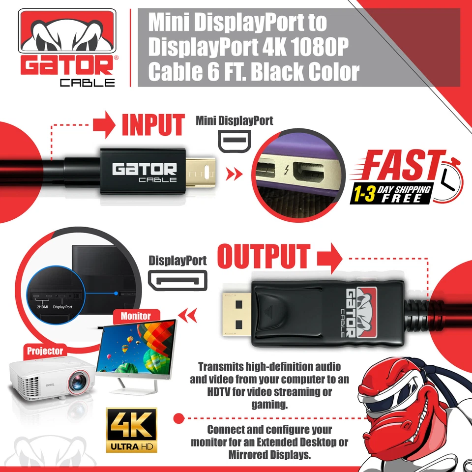 Mini DisplayPort to DisplayPort Cable Mini DP to DP Adapter HD Video 4K 60Hz 6FT - Image 2 of 4