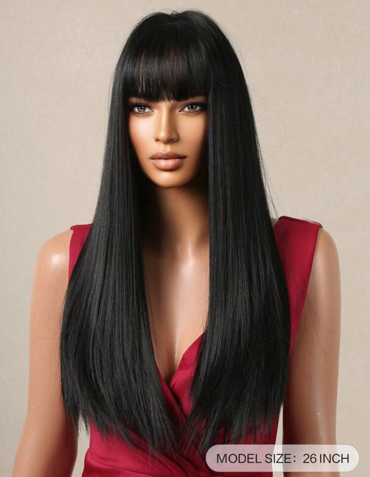 Perruque noire longue lisse à frange pour changer de look en soirée, 4 bonnets