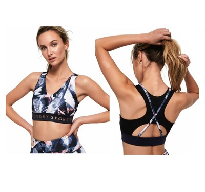  Sz 8 Women Sports Bra Superdry Active Studio Mesh back cut out top Black yoga