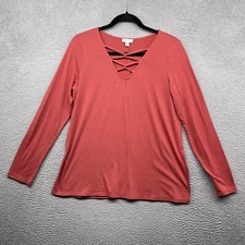 Charming Charlie T-Shirt Red Long Sleeve V-Neck Cross Strap Pullover Size S