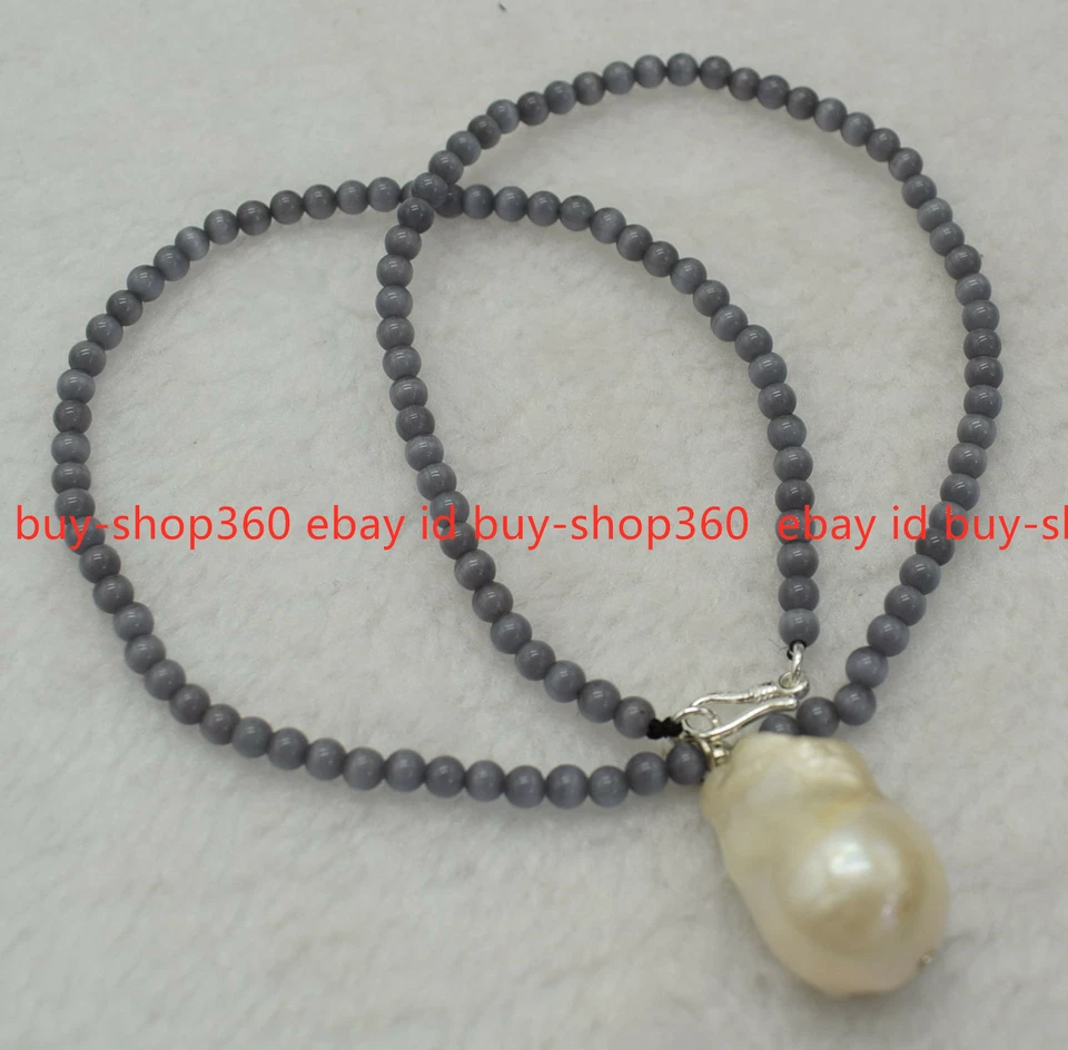 Collar Colgante Perla Barroca Blanca Gema Ojo de Gato Ópalo Gris Natural 4mm 20" Foto 2 de 4