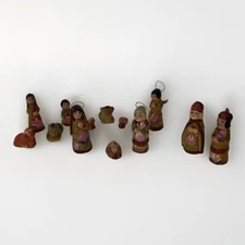 Mini Primitive Nativity Set 13 Piece Mexican Tonala Pottery Hand Made & Painted