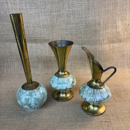Vintage Delft Pottery Vases Brass Fluted Hand Painted WB Leersum Made In Holland