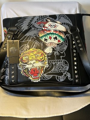 Ed Hardy Large Black Studded Skull Graphic Print Zip Shoulder Bag w/ Strap