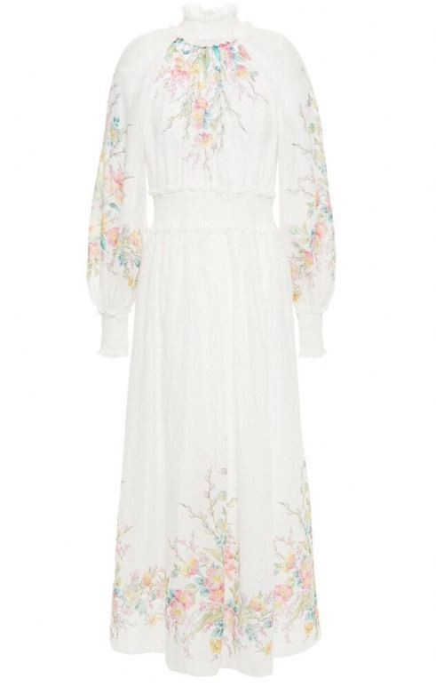 Zimmermann Zinnia Shirred Floral Dress Size 1  AU 10 US 6 - White Ramie Midi
