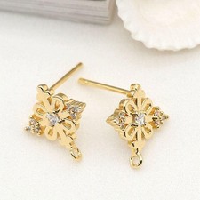 2Pairs 18K Gold Plated Stud Earrings Connector Component CZ Pave GZX551