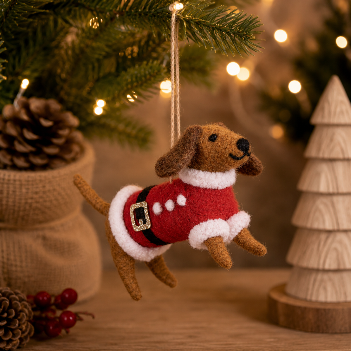 Sass & Belle Felt Sausage Dog Design in Santa Outfit Christmas Tree Decoration