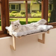 Cat Window Perch, Large Cats Hammock with Cushion, Wooden Cat Window Bed with...