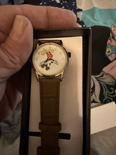 Disney Mickey Mouse Quartz Analog Watch 35mm Gold Case Brown Leather Strap w/Box