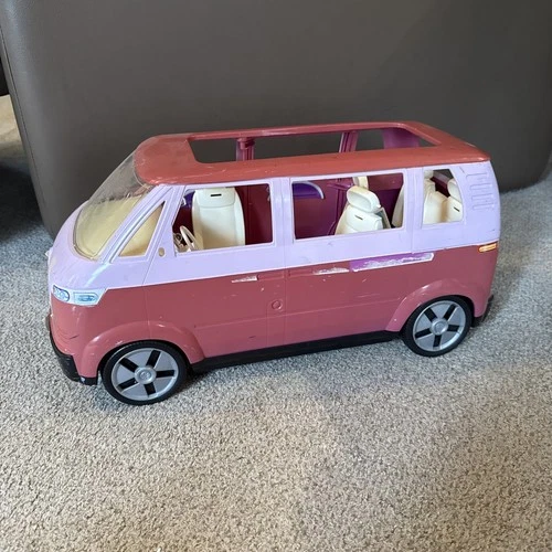 BARBIE VOLKSWAGEN MICRO BUS pink van vintage VW HORN & Door Work Mattel 2002
