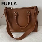 FURLA Brown Leather 2Way Shoulder Handbag with Gold Logo Authentic Women's Bag
