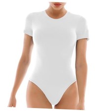 Short Sleeve Bodysuits for Women Round Neck Tops Medium White