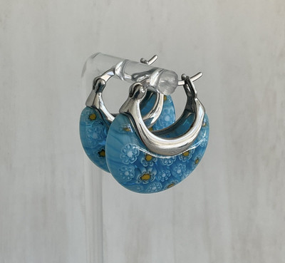 Blue Murano Millefiori Style Daisy Glass 1'' Hoop Earrings Stainless Steel