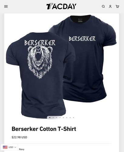 Herren Tactical Tacday Gym Workout Tee T-Shirt XXL 2XL Berserker Bär blau