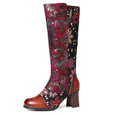 9US/40EU SOCOFY Bohemian Flower Floral Embossed Leather Tall Boots Tapestry Boho