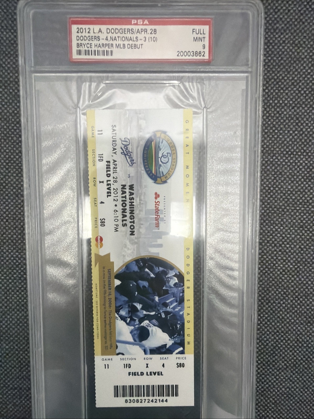 Bryce Harper 2012 MLB Debut Full Ticket PSA 9 Mint 4/28/2012. Phillies view 1