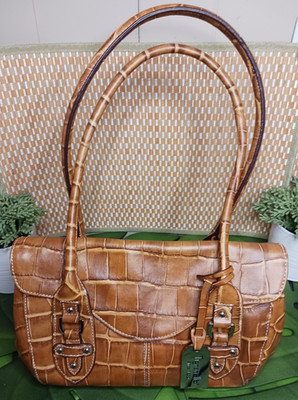 Tignanello ~ Croc Embossed Brown Leather Handbag 12 x 7'' Bottom Studs Charm