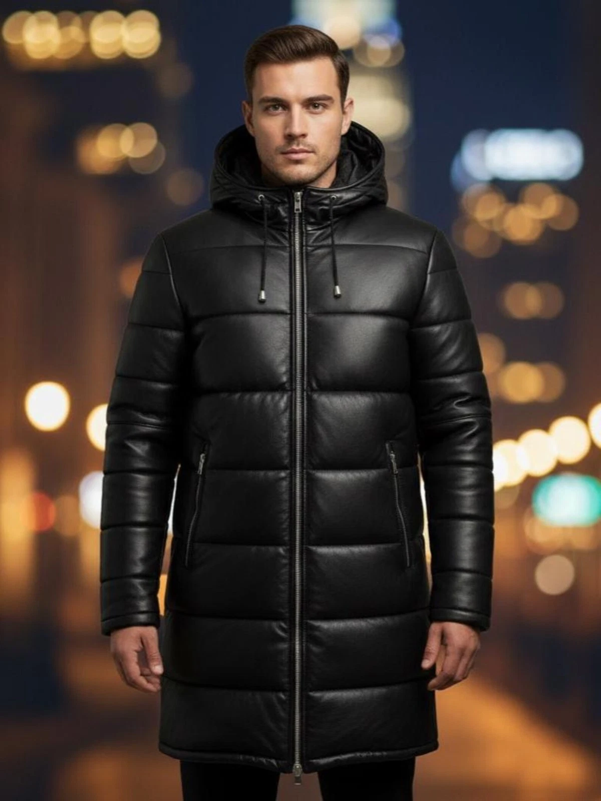 Men’s Real Leather Long Puffer Coat with Hood – Winter Windbreaker Black