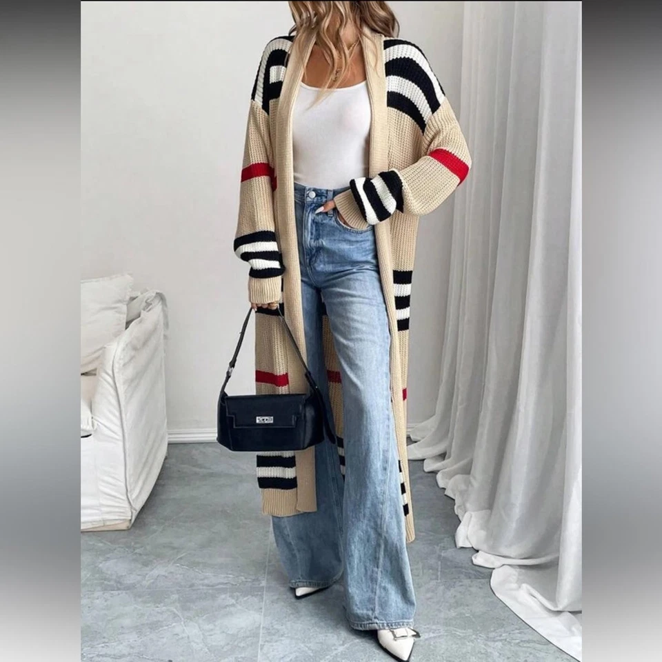 Cárdigan tejido largo Anthropologie abrigo suéter beige negro rojo rayas Foto 3 de 4