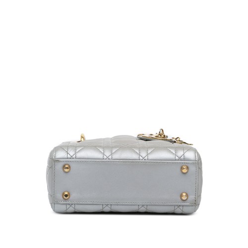 Authenticated Dior Mini Metallic Lambskin Cannage Lady Dior Gray Leather Satchel - Picture 3 of 11