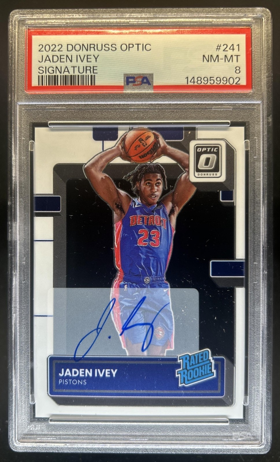 2022-23 Panini Donruss Optic Jaden Ivey Rated Rookie RC Auto #241 Pistons PSA 8