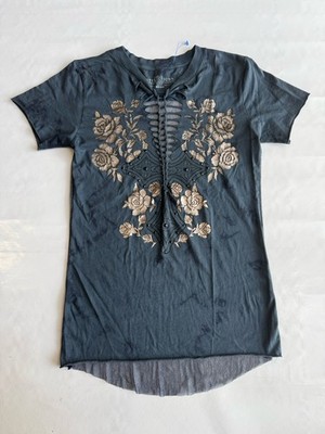 Affliction Women's SS Gray Silver Floral Mesh Studded Shirt Sz M -USA-