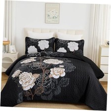 Floral Quilt Set King Size,Elegant Black Floral King 104"x90" Black-white