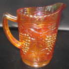 Vintage Pitcher Carnival Glass Orange Marigold Harvest Grapes w/ Leaves 6" Tall — photo 3