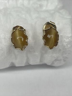 Vintage 14K Yellow Gold Casual Women s Jewelry Stud Earrings Oval Agate Cabochon