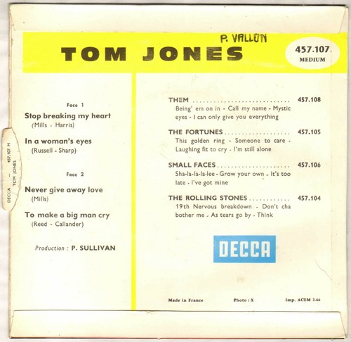 TOM JONES "STOP BREAKING MY HEART" R'N BLUES EP 1966 DECCA 457.107 - Picture 2 of 4