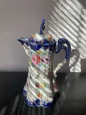 Vintage Unbranded Painted Floral Design Porcelain Pitcher With Lid 10”