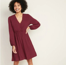 Old Navy Women's Dress Faux Wrap Large Wine Stain Color V-Neck Knee Length Fall