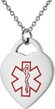 Surgical Stainless Steel Medical Alert ID Tag Pendant Heart Shape w 24" Necklace