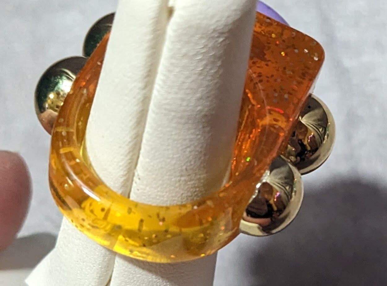 Chunky Translucent Orange Glitter Ring With Gold … - image 10