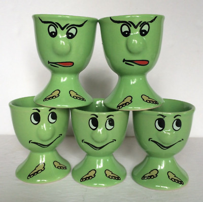 Funny Smiling Angry Face Egg Cup Holder Set of 5 Green 3D Protruding Nose Feet