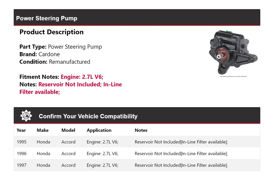 Bomba de dirección asistida Cardone 1996 1996 para Honda Accord 1995-1997 2,7 L V6 Foto 2 de 4