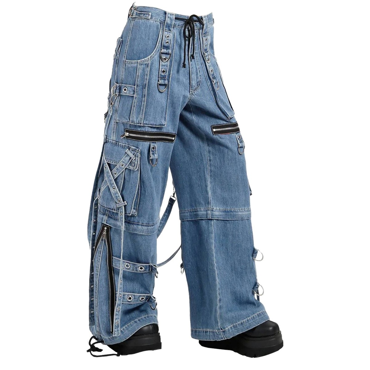 X Strap Denim Pants, Punk Baggy Cargo Jesns With Straps, Wide Leg