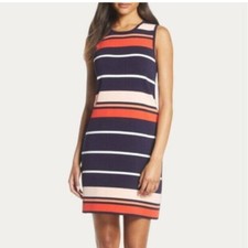 Eliza J Sleeveless Back Zip Dress Size Large Striped Navy Knit Sheath Stretch