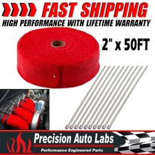 Red 2 X 50ft Exhaust Header Fiberglass Heat Wrap Tape W 5 Steel Ties Kit New