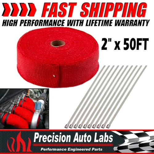 Red 2" x 50FT Exhaust Header Fiberglass Heat Wrap Tape w/ 5 Steel Ties Kit New