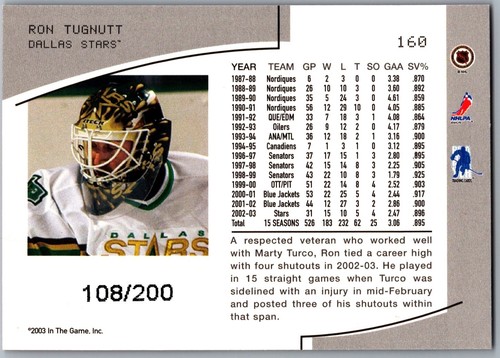 03-04 ITG BETWEEN THE PIPES RUBY - RON TUGNUTT /200 #160 DALLAS STARS - Picture 2 of 2