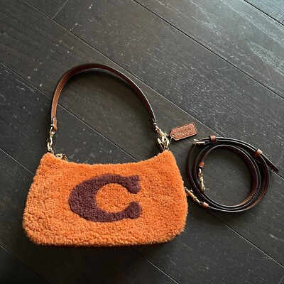 COACH GENUINE SHEARLING Teri Shoulder Bag With Coach Motif brown crossbody bag