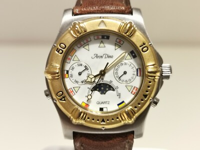 VINTAGE SWISS TWO TONE DAY-DATE MOON PHASE MEN'S LADIES QUARTZ WATCH ''ARON DINO''