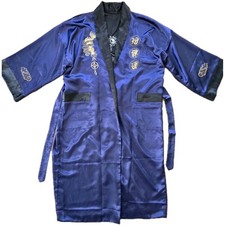 Mens Embroidered Asian Robe Kimono Dragon Reversible Rayon Pockets Blue/Blck XXL