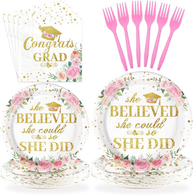 96Pcs Pink Graduation Decorations Class of 2026 Disposable Floral Congrats Grad