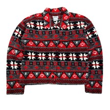 Vintage Red Black Snowflake Pattern Button Fleece Jacket Women’s Medium USA Made