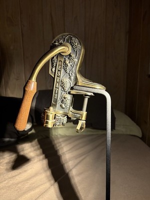 Vintage Rogar Estate Wine Bottle Opener Corkscrew Ornate Brass wood base