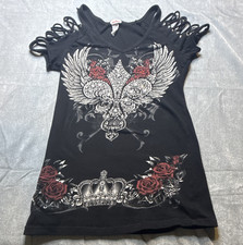 Women s Black Cold Shoulder V-Neck Graphic T-...
