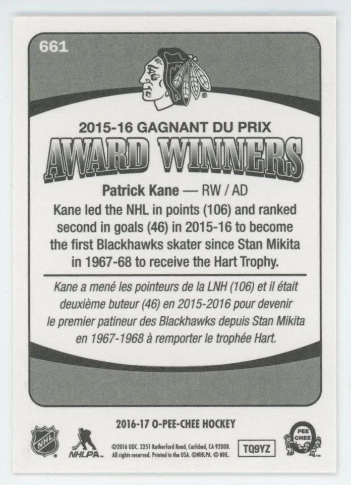 2016-17 O-PEE-CHEE Patrick Kane AWARD WINNERS #661 Rare! - Image 2 of 2